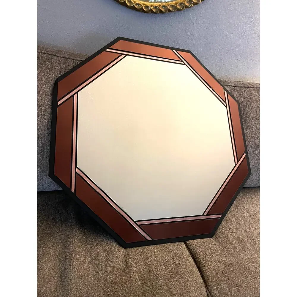 Signed Marcia Moore Stained Glass Mirror Octagonal Burgundy Art Deco Revival